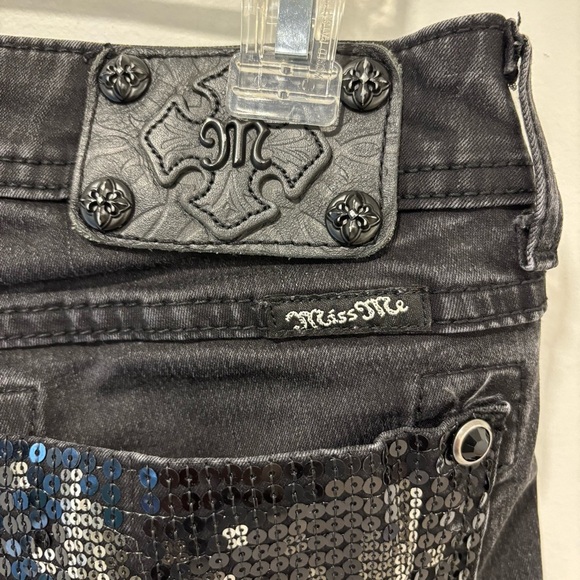 Miss Me Black Skinny Jeans Raw Hem Sequins Pockets Western Goth Embellished - Picture 7 of 12